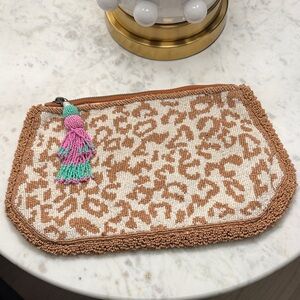 Anthropologie Beaded Leopard Print Zip Pouch with Tassel.